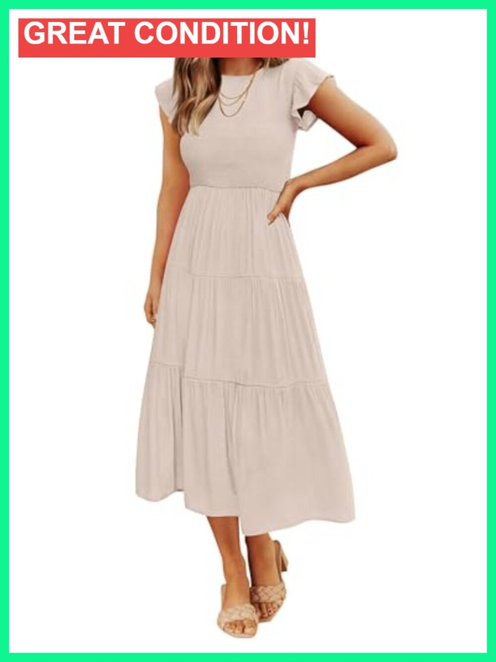 Flutter Short Sleeve Smocked Elastic Waist Tiered Midi Dress